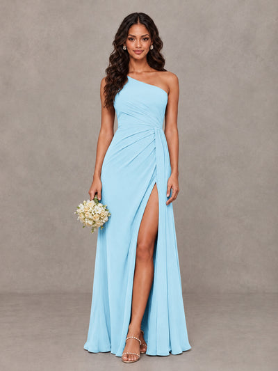 BOLODOO Light Blue One-Shoulder Chiffon Bridesmaid Dress with Ruched Bodice & High Slit - Light Blue - Light Blue (1)