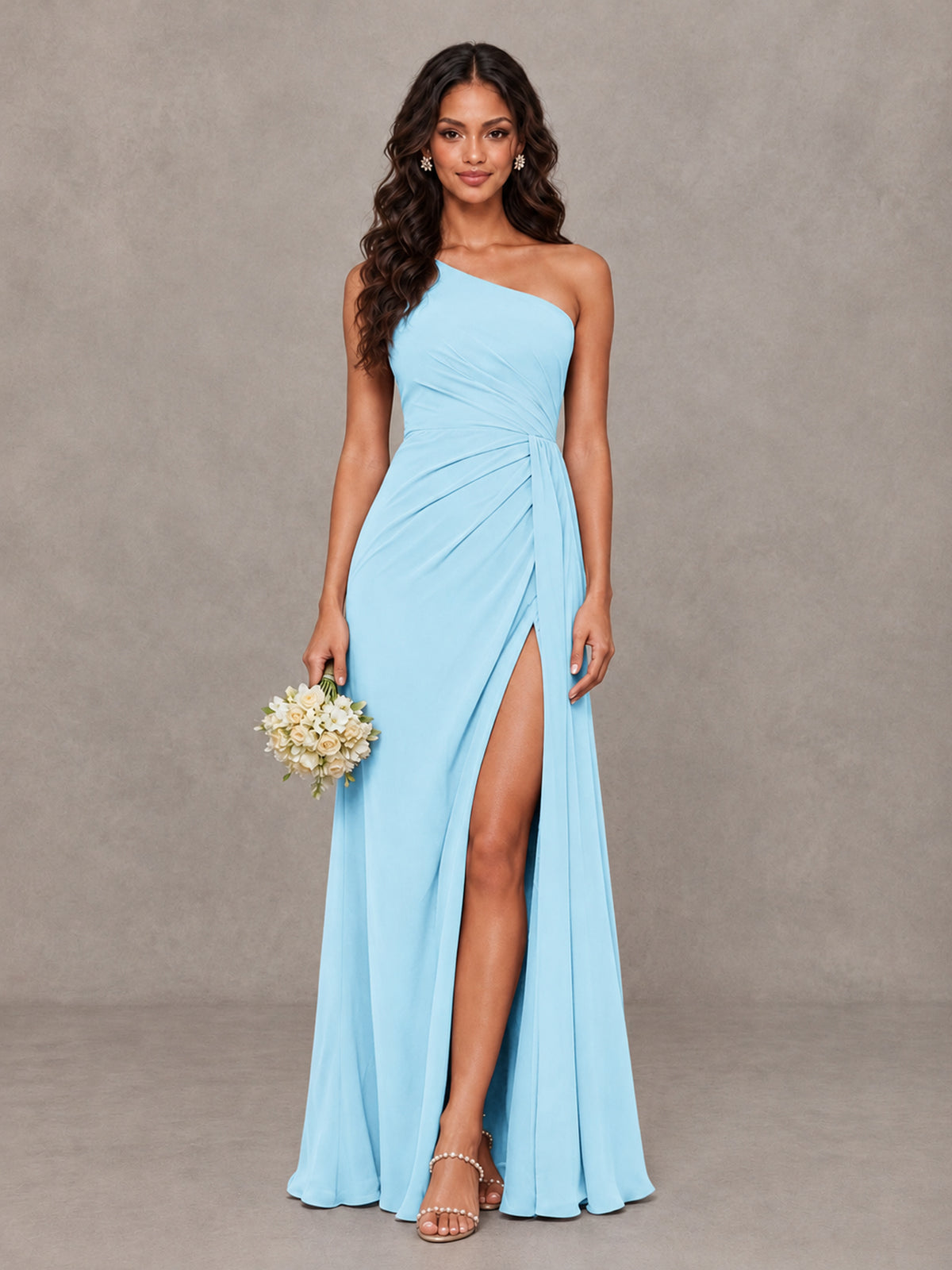 BOLODOO Light Blue One-Shoulder Chiffon Bridesmaid Dress with Ruched Bodice & High Slit - Light Blue - Light Blue (1)