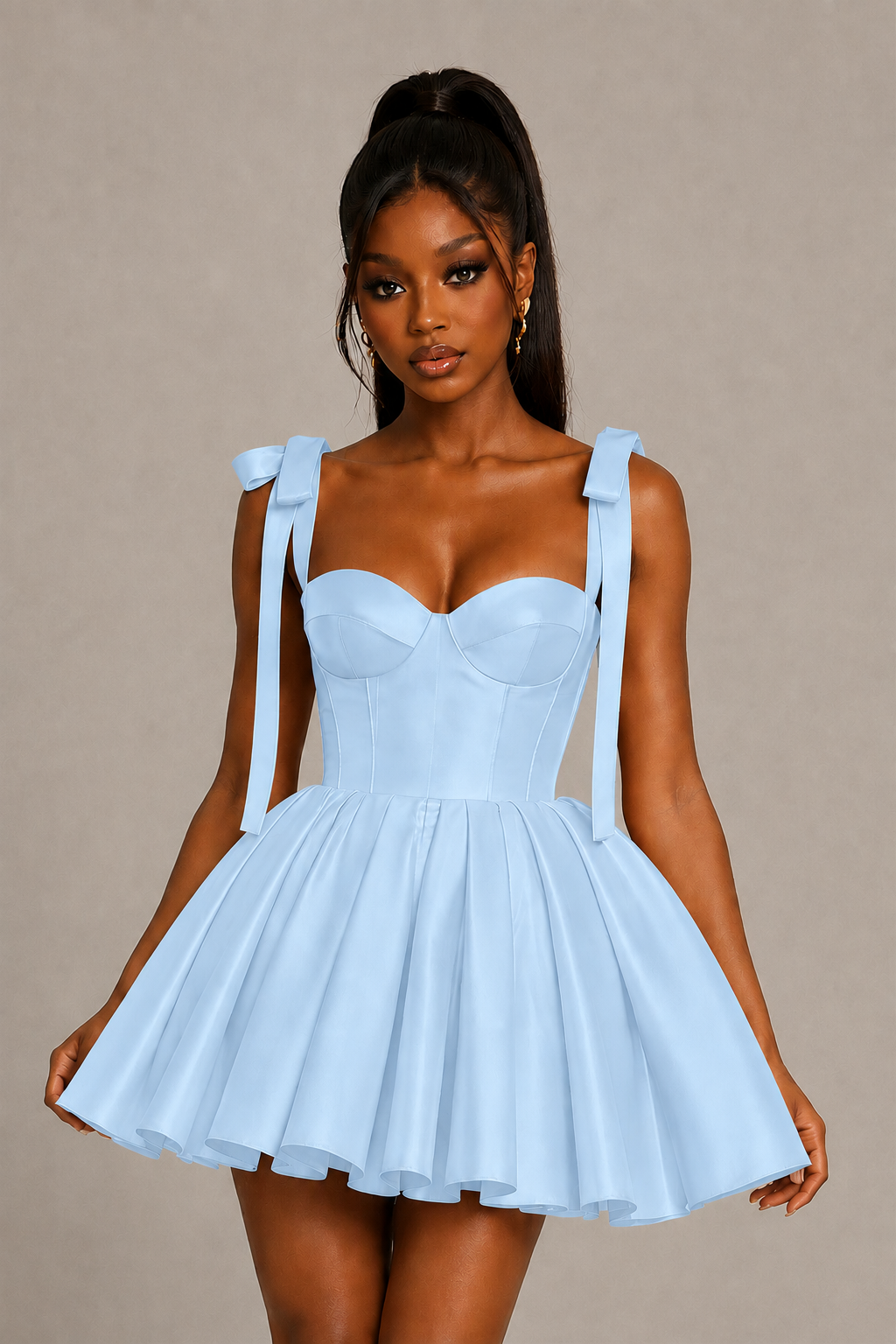 BOLODOO Light Blue Satin Sweetheart Corset Bow Strap Lace-Up Open Back Full Skirt Mini Dress | Prom Cocktail Party Dress - Light Blue