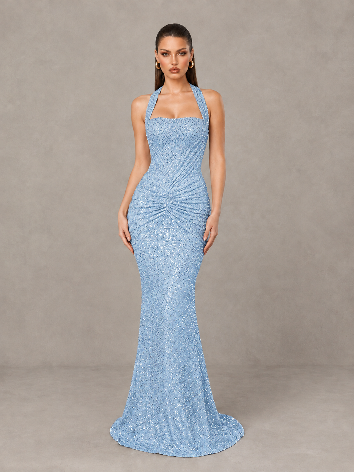 BOLODOO Light Blue Sequin Halter Mermaid Evening Gown - Light Blue - Light Blue (1)