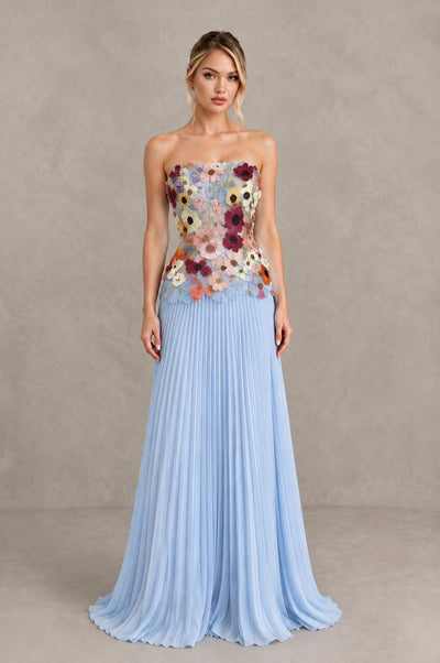 BOLODOO Light Blue Strapless Floral Applique Pleated Evening Dress - Light Blue - Light Blue (1)