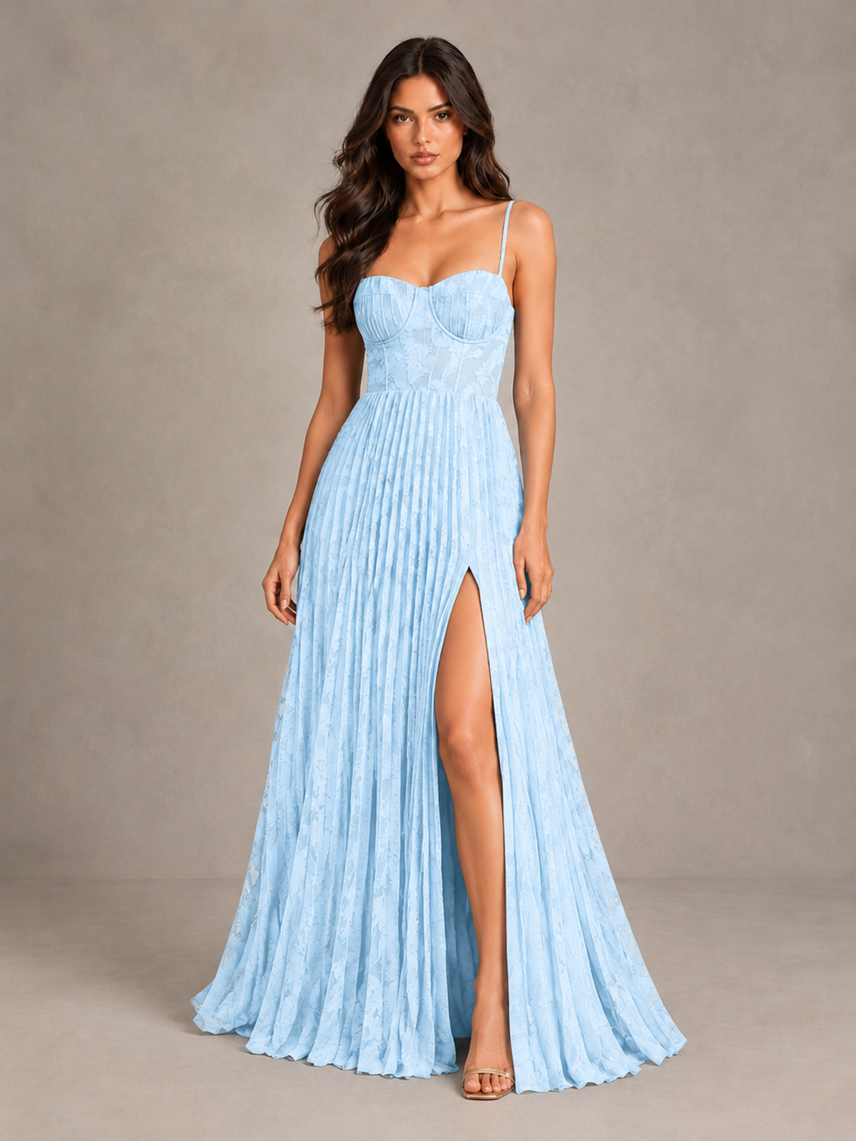 BOLODOO Light Blue Pleated Bridesmaid Dress with Sweetheart Neckline & Slit - Light Blue - Light Blue (1)