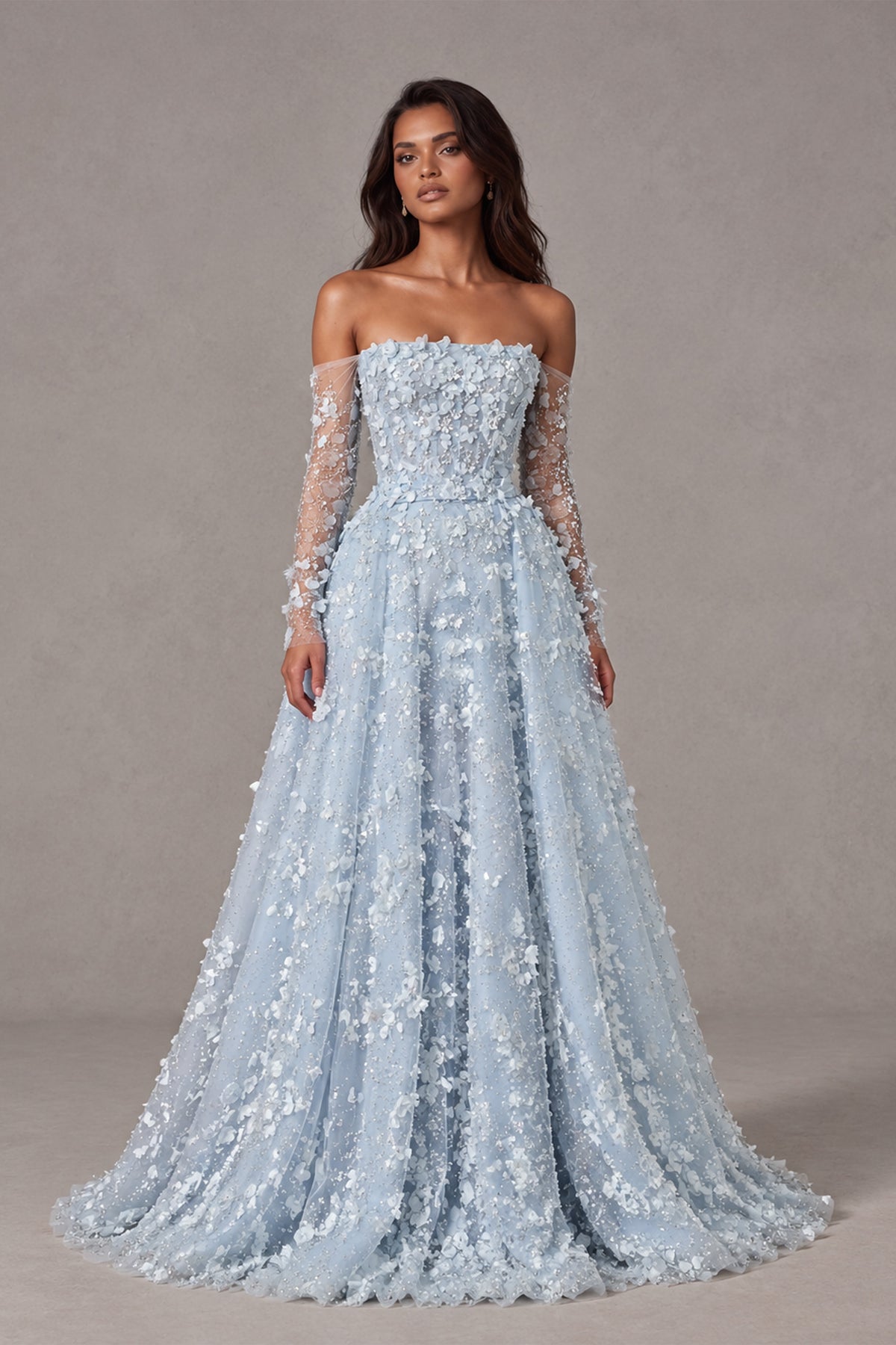 BOLODOO Light Blue Off Shoulder Floral Lace Gown with Long Sleeves - Light Blue