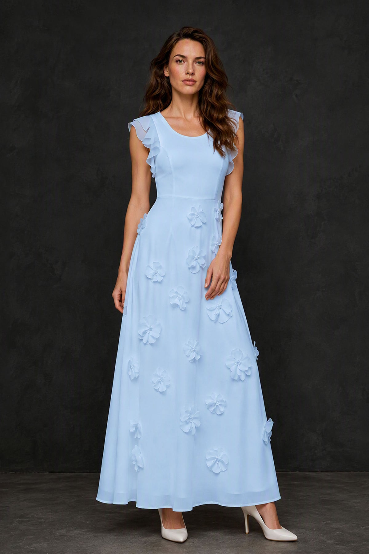 BOLODOO Light Blue Scoop Neck Flutter Sleeve 3D Floral Appliqué A-Line Chiffon Maxi Dress - Light Blue