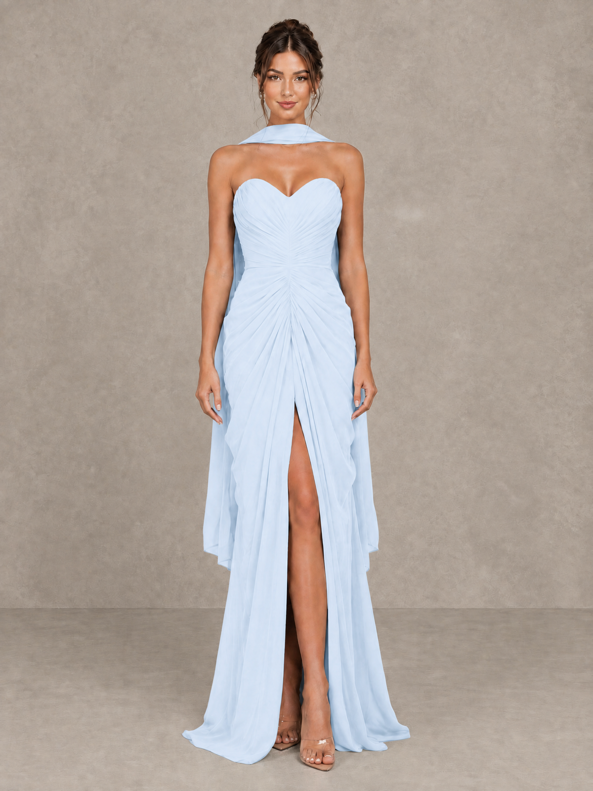 BOLODOO Light Blue Strapless Ruched Maxi Dress with Scarf and Slit - Light Blue