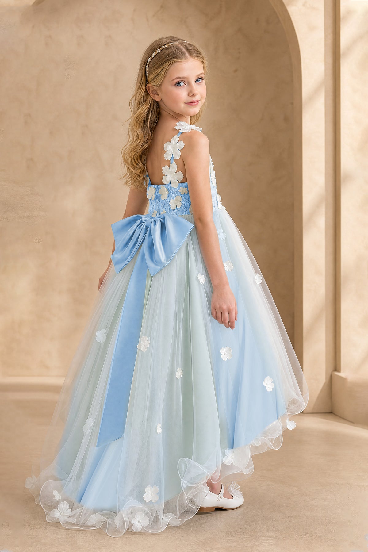 BOLODOO Light Blue Flower Girl Dress with Floral Appliqué and High-Low Tulle Skirt - Light Blue