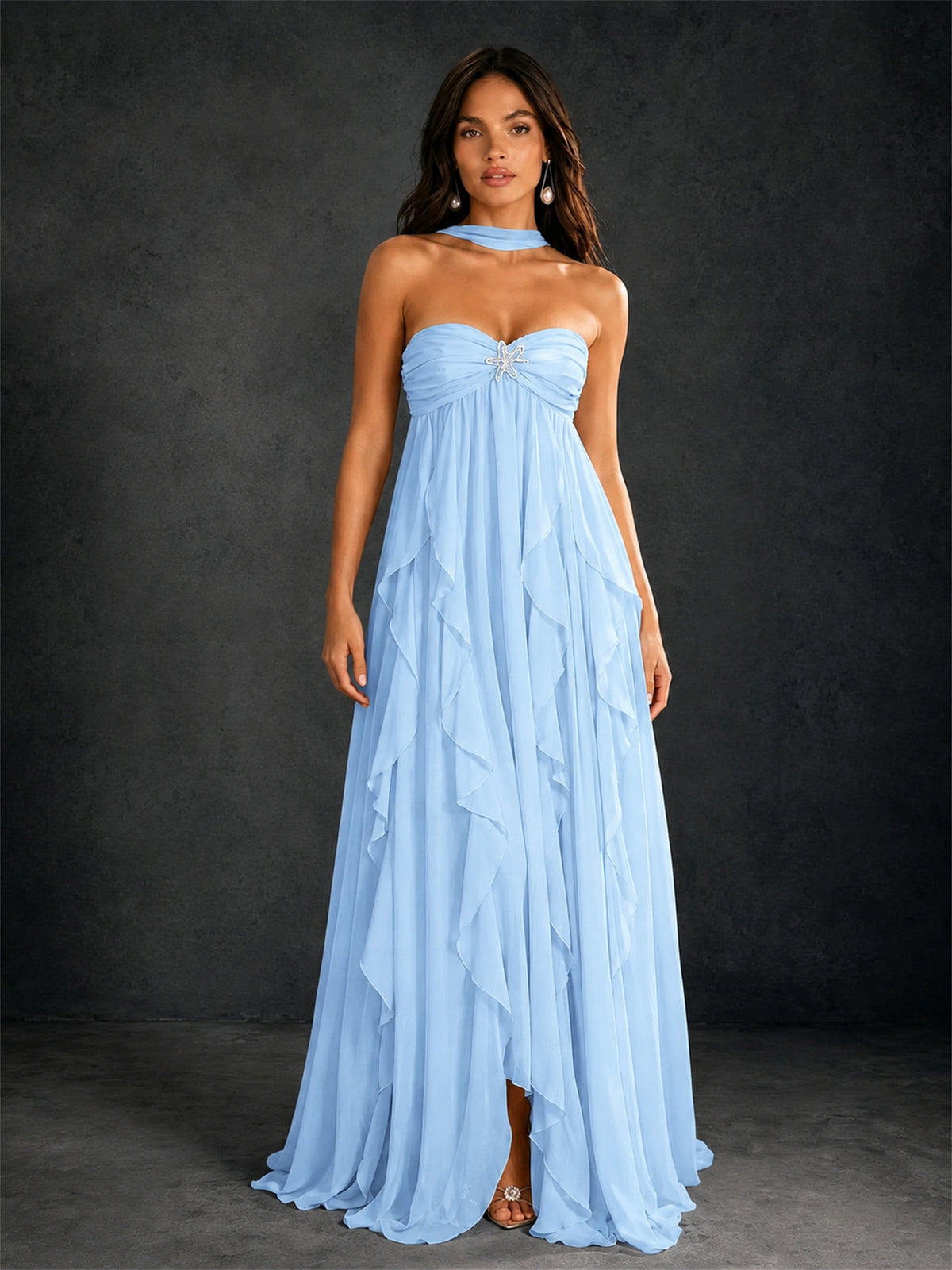 BOLODOO Light Blue Halter Neck Cascading Ruffle Chiffon Maxi Dress | Keyhole Open Back - Light Blue