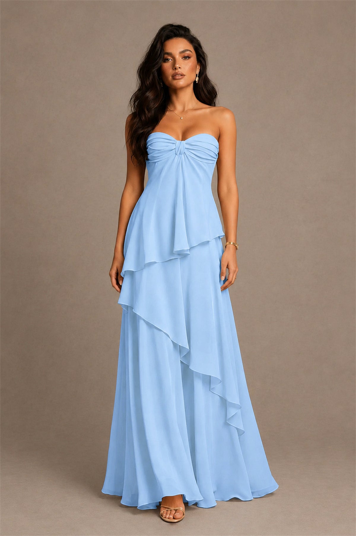 BOLODOO Light Blue Strapless Sweetheart Knotted Chiffon Tiered Maxi Dress with Lace-Up Back - Light Blue