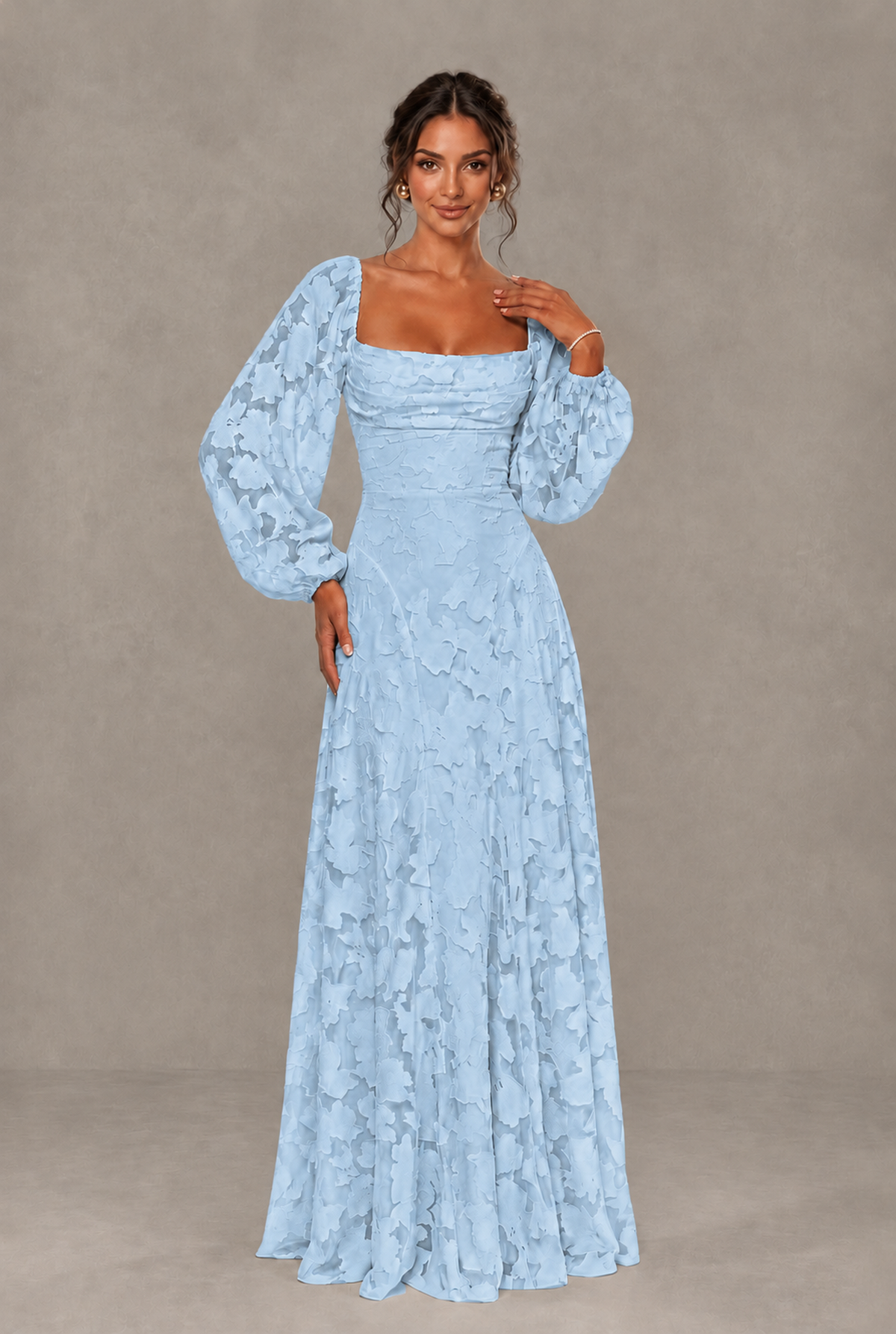 BOLODOO Floral Light Blue Long Sleeve A-Line Dress with Lace-Up Back - Light Blue