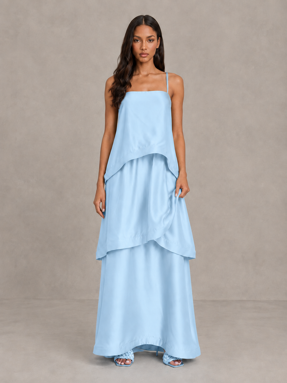 BOLODOO Light Blue Satin Tiered Maxi Dress with Spaghetti Straps - Light Blue