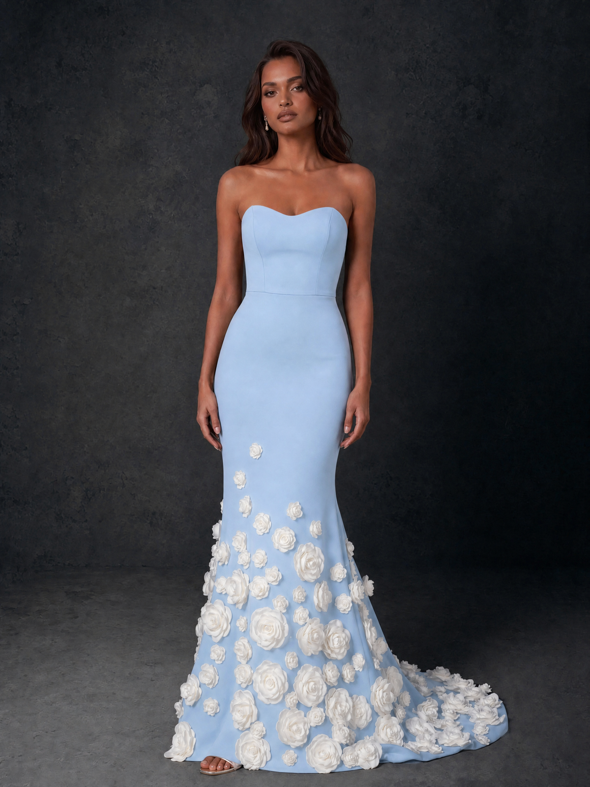 BOLODOO Light Blue Sweetheart Strapless Crepe Mermaid Gown with Light Blue 3D Rose Floral Appliqué Skirt and Open Back - Light Blue