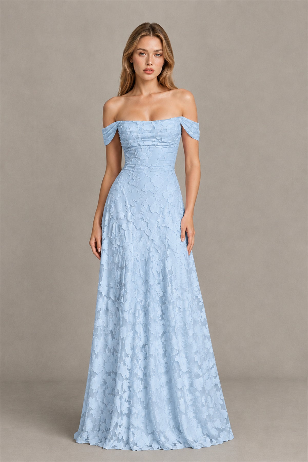 BOLODOO Light Blue Off-Shoulder Pleated A-Line Maxi Dress Floral - Light Blue
