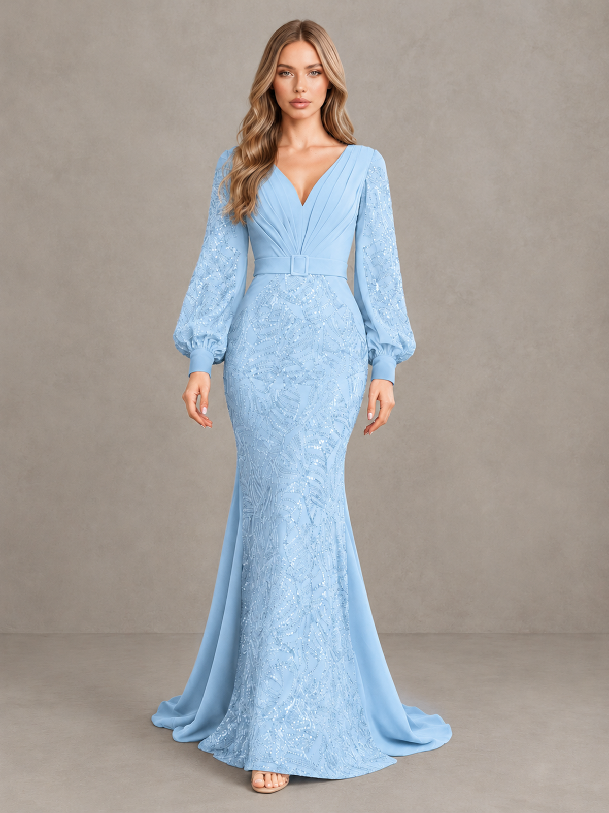 BOLODOO Light Blue Sequin Long Bishop Sleeve Mermaid Evening Dress - Light Blue - Light Blue (1)