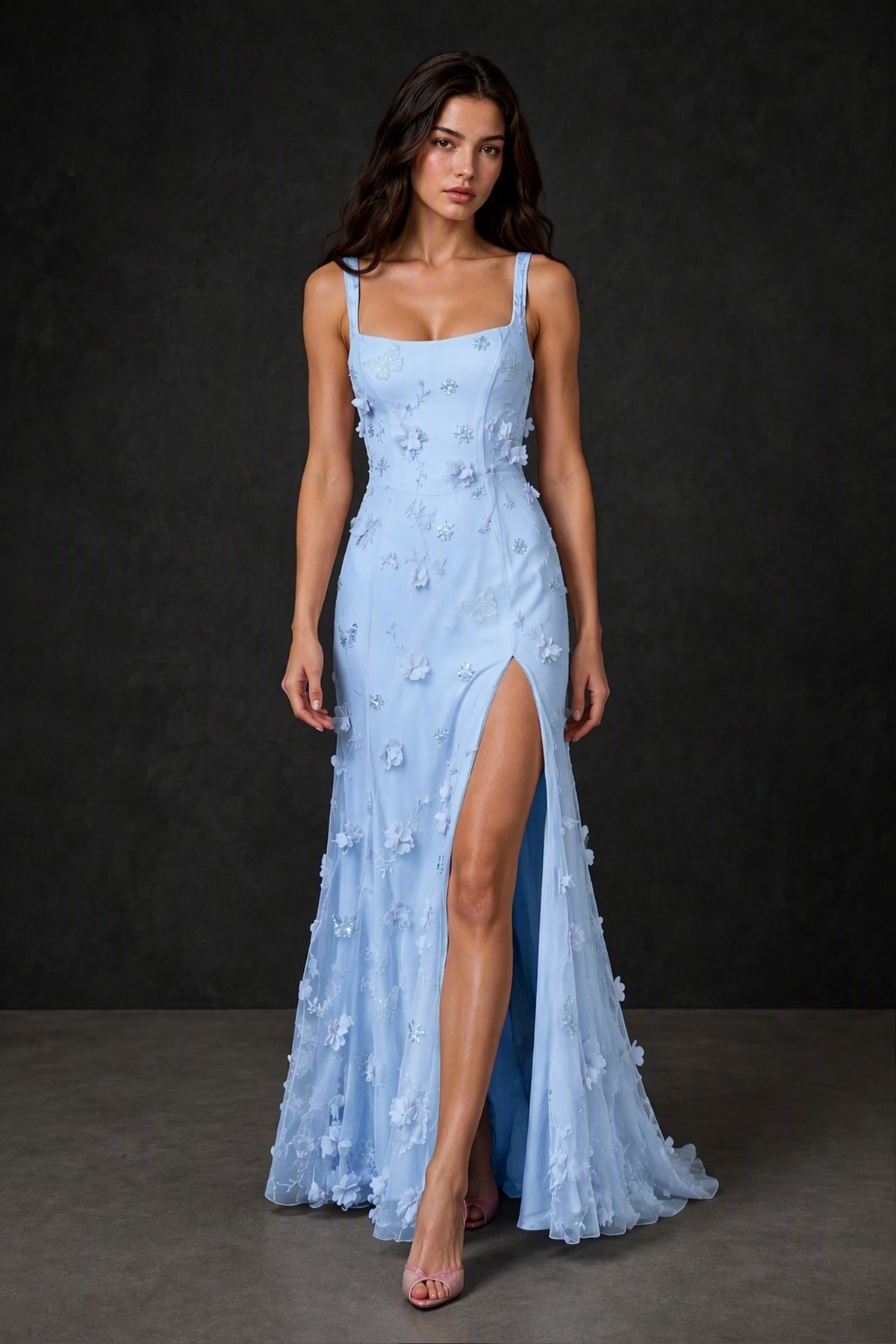 BOLODOO Light Blue 3D Butterfly Floral Tulle Maxi Gown – Lace-Up Back Slit Formal Dress - Light Blue