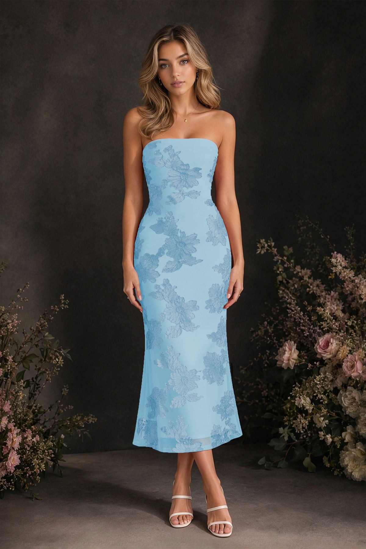 BOLODOO Light Blue Tonal Floral Embroidered Mesh Strapless Open Back Bodycon Midi Tea Length Dress - Light Blue