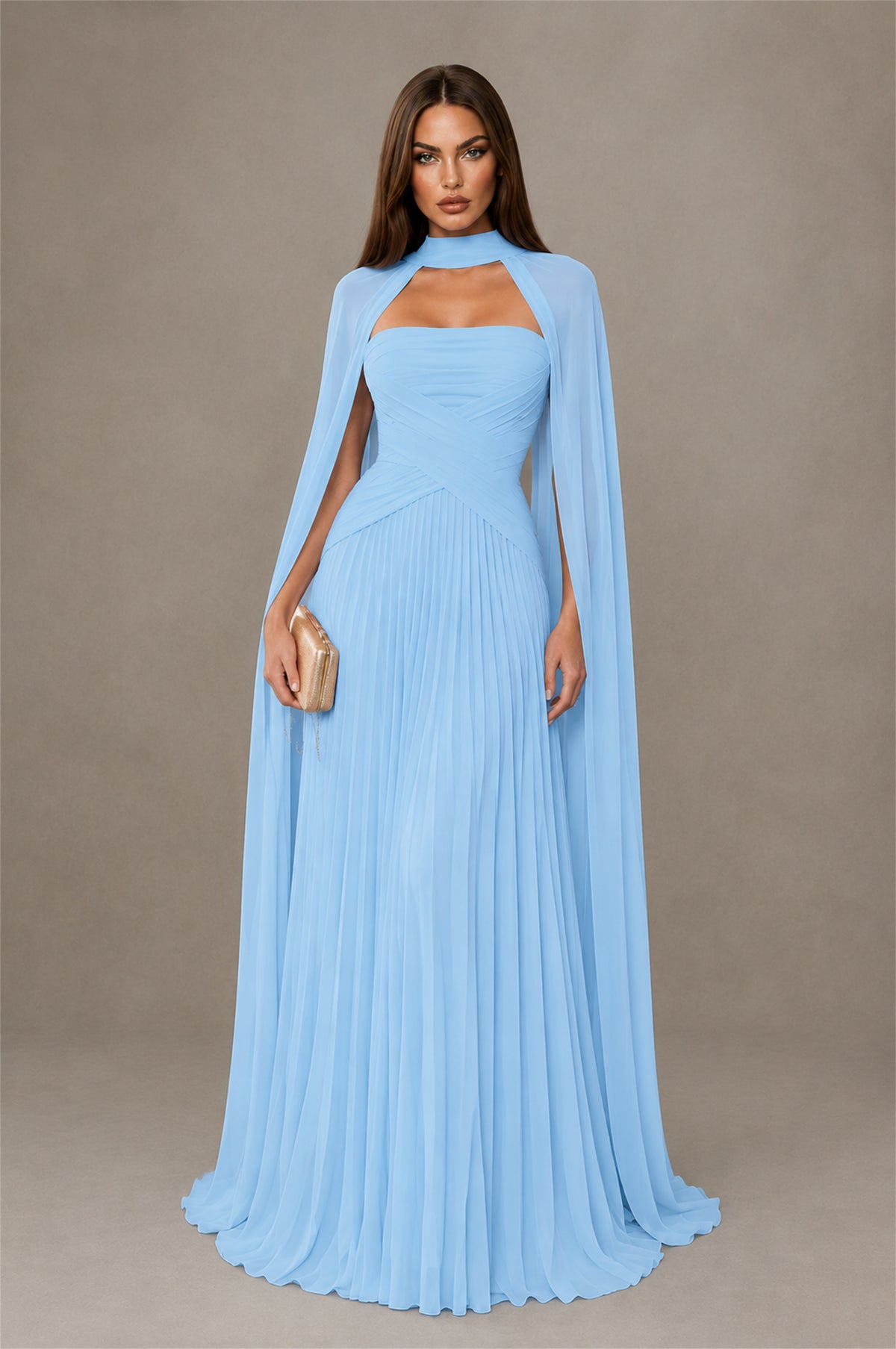 BOLODOO Light Blue Strapless Crossover Ruched Bodice Detached Turtleneck Cape Lace-Up Back Pleated Chiffon Maxi Dress - Light Blue