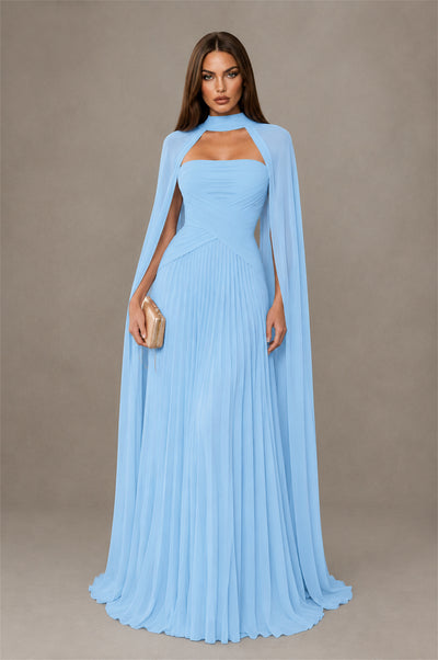 BOLODOO Light Blue Strapless Crossover Ruched Bodice Detached Turtleneck Cape Lace-Up Back Pleated Chiffon Maxi Dress - Light Blue