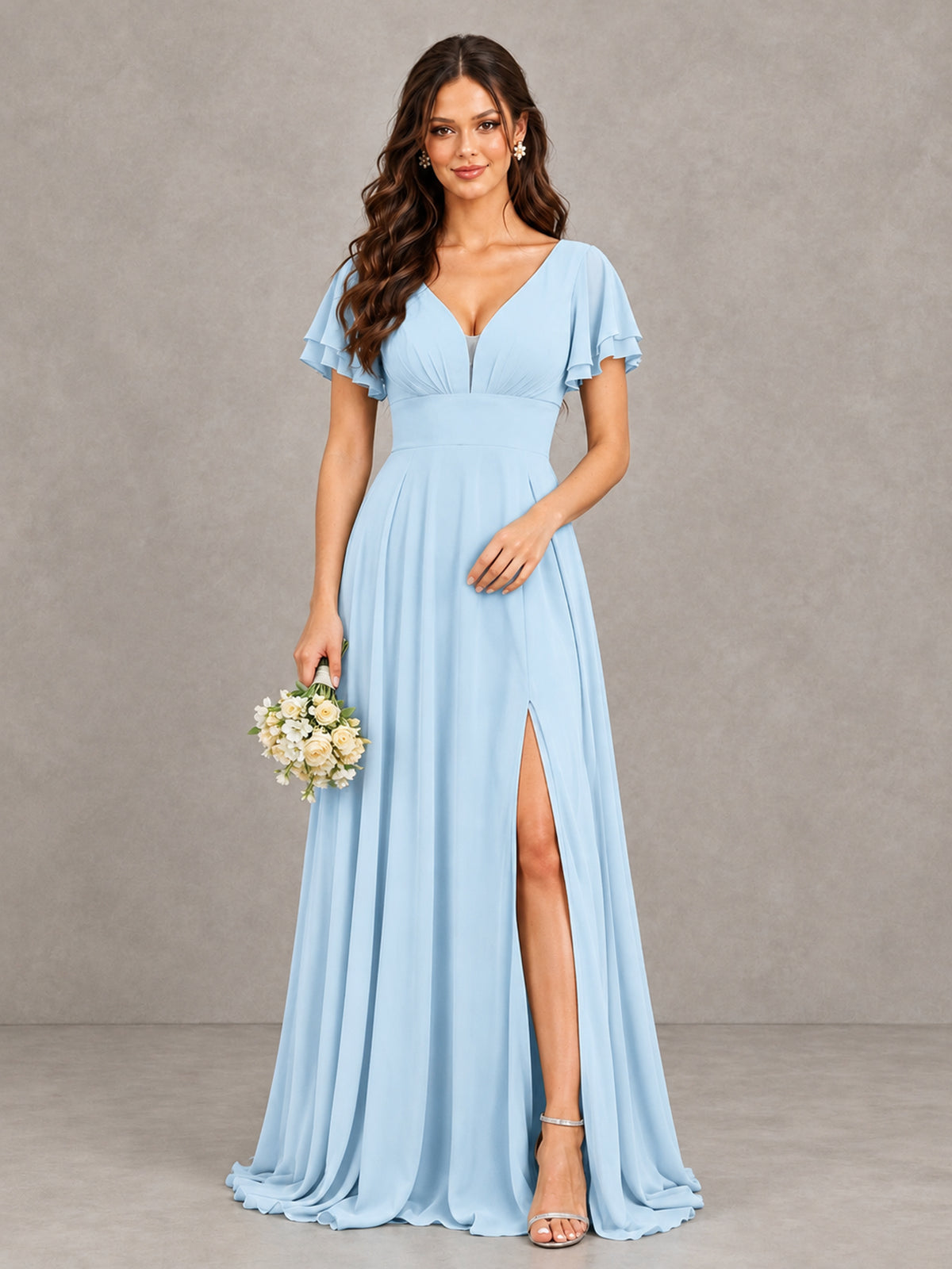 BOLODOO Light Blue Flutter Sleeve Chiffon A-Line Maxi Bridesmaid Dress with Open Back & Slit - Light Blue - Light Blue (1)