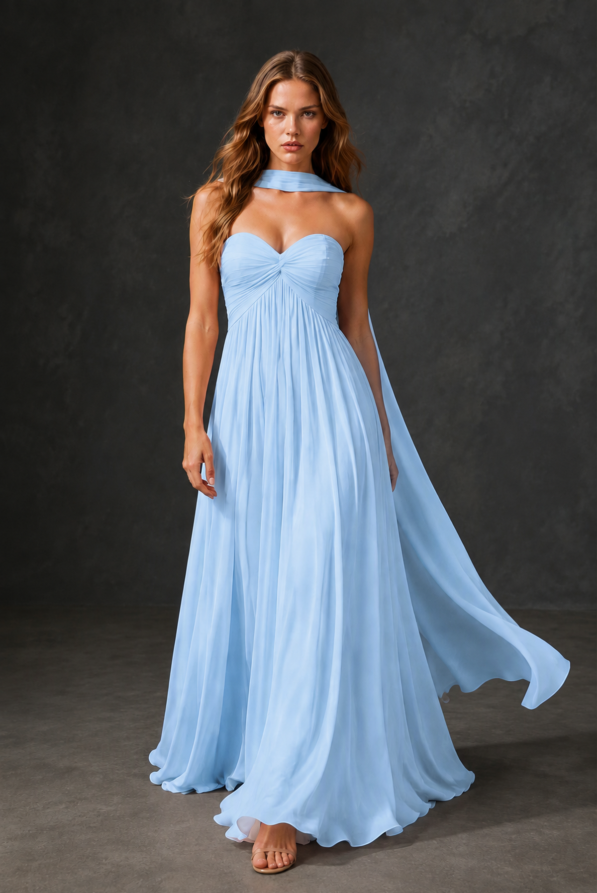 BOLODOO Light Blue Sweetheart Strapless Twist Knot Detached Halter Scarf Lace-Up Back Empire Waist Chiffon Maxi Dress - Light Blue