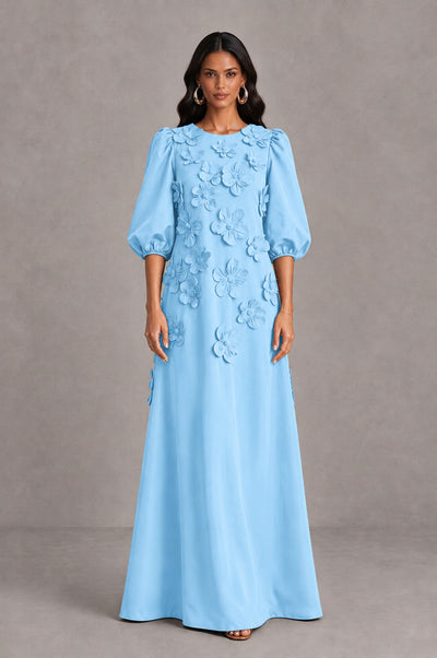 BOLODOO Light Blue Floral Applique Puff Sleeve A-Line Evening Dress - Light Blue - Light Blue (1)