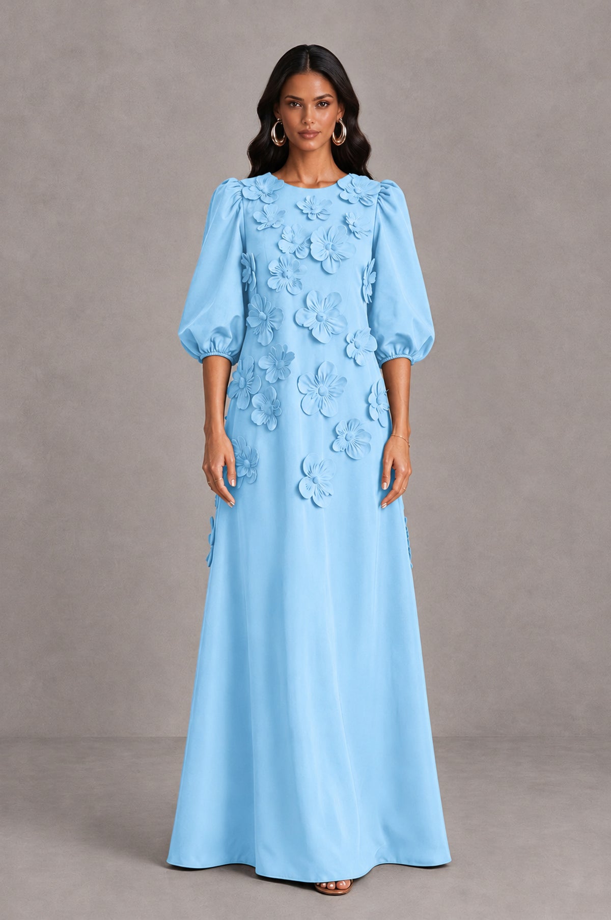 BOLODOO Light Blue Floral Applique Puff Sleeve A-Line Evening Dress - Light Blue - Light Blue (1)