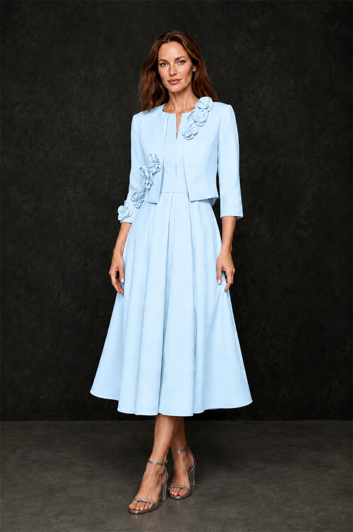 BOLODOO Light Blue 3D Rosette Appliqué 3/4 Sleeve Jacket & V-Notch Sleeveless A-Line Tea-Length Two-Piece Dress Set - Light Blue