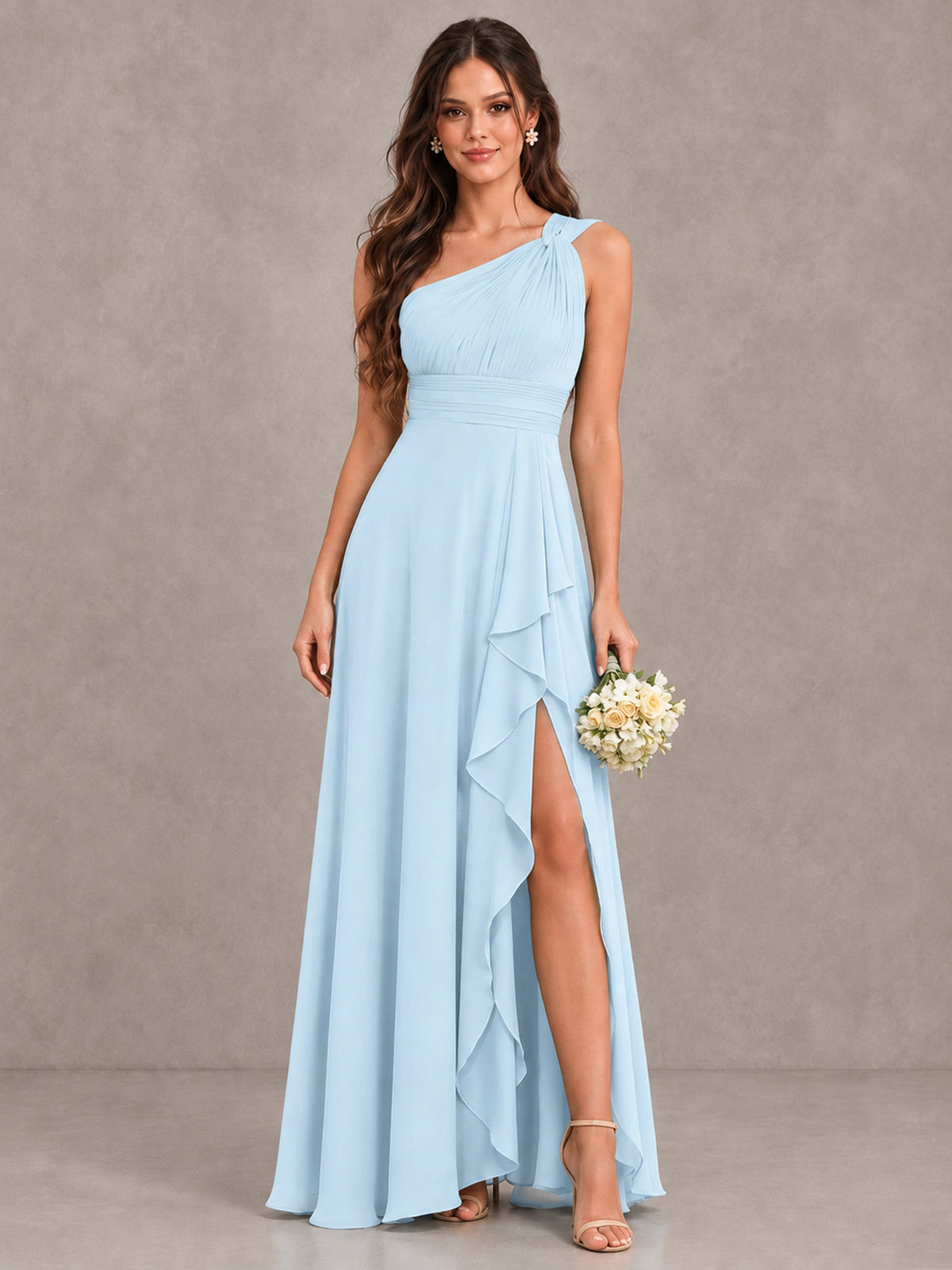 BOLODOO Light Blue One-Shoulder Ruffle Bridesmaid Dress with Slit - Light Blue - Light Blue (1)