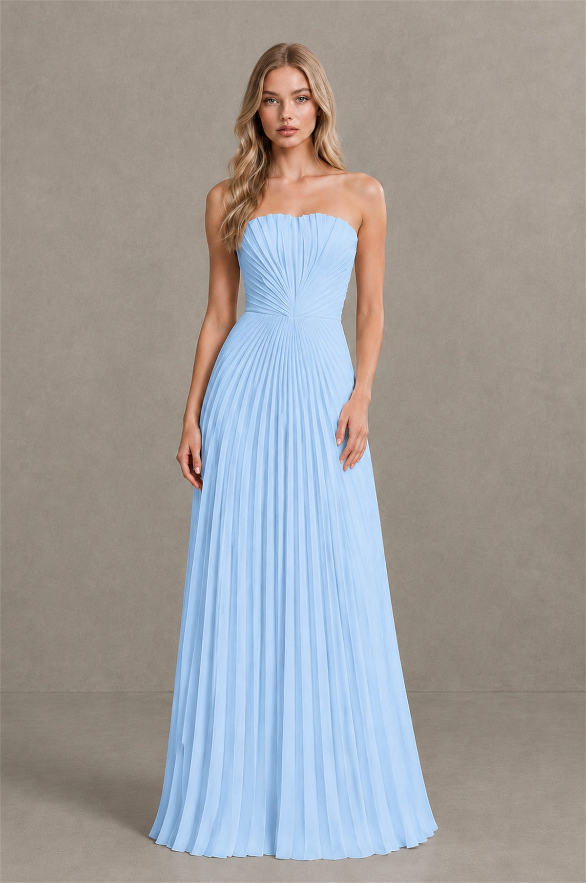 BOLODOO Light Blue Strapless Sunburst Pleated Twisted Knot Lace-Up Back Accordion Pleated Chiffon Maxi Dress - Light Blue