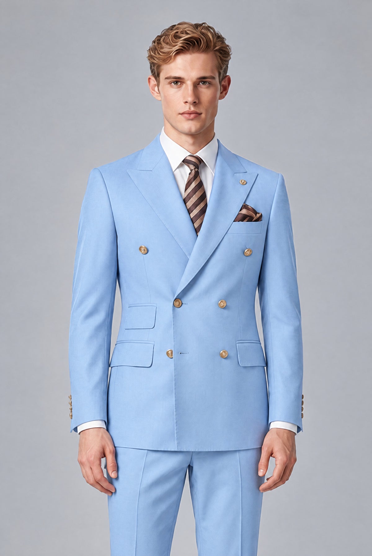 Bolodoo Men's Light Blue Double-Breasted 2-Piece Wedding Suit - Light Blue - Light Blue (1)