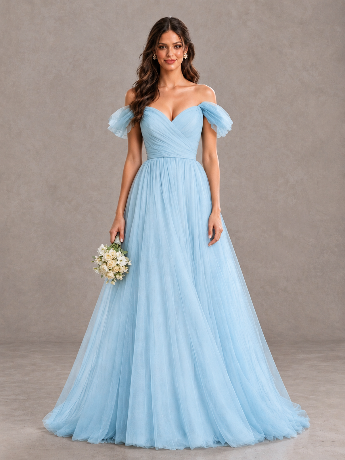BOLODOO Light Blue Off-the-Shoulder Ruffle Sleeve A-Line Bridesmaid Dress - Light Blue - Light Blue (1)