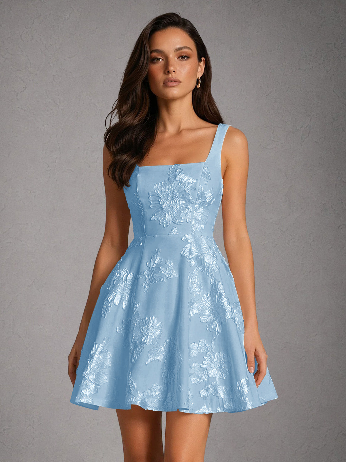 BOLODOO Pearl Light Blue Iridescent Floral Embroidered Square Neck Wide Strap A-Line Mini Dress with Lace-Up Back - Light Blue