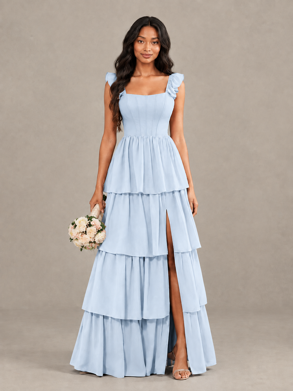 BOLODOO Light Blue Tiered Maxi Bridesmaid Dress with Slit - Light Blue