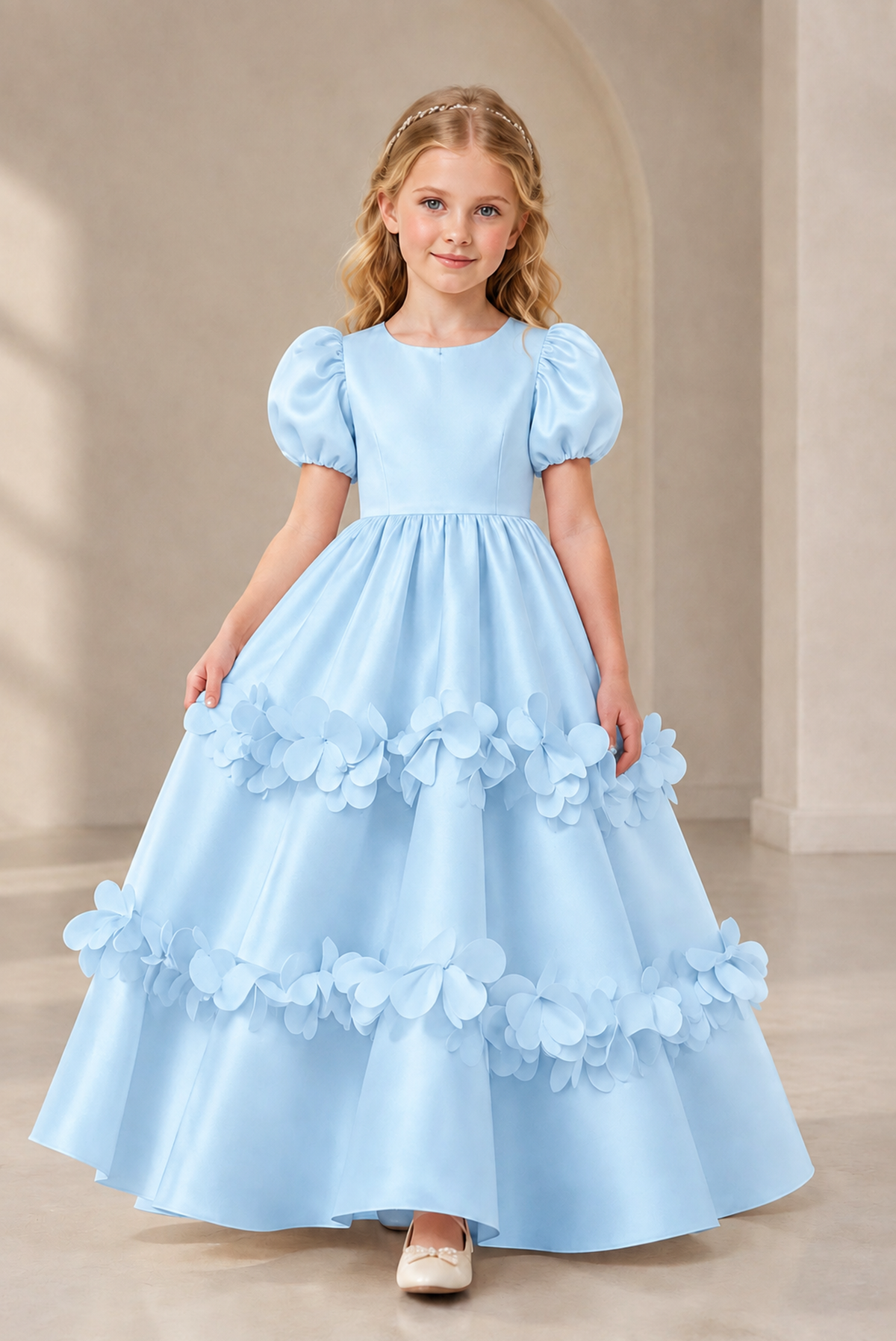 BOLODOO Light Blue Satin Flower Girl Dress with Floral Appliques - Light Blue