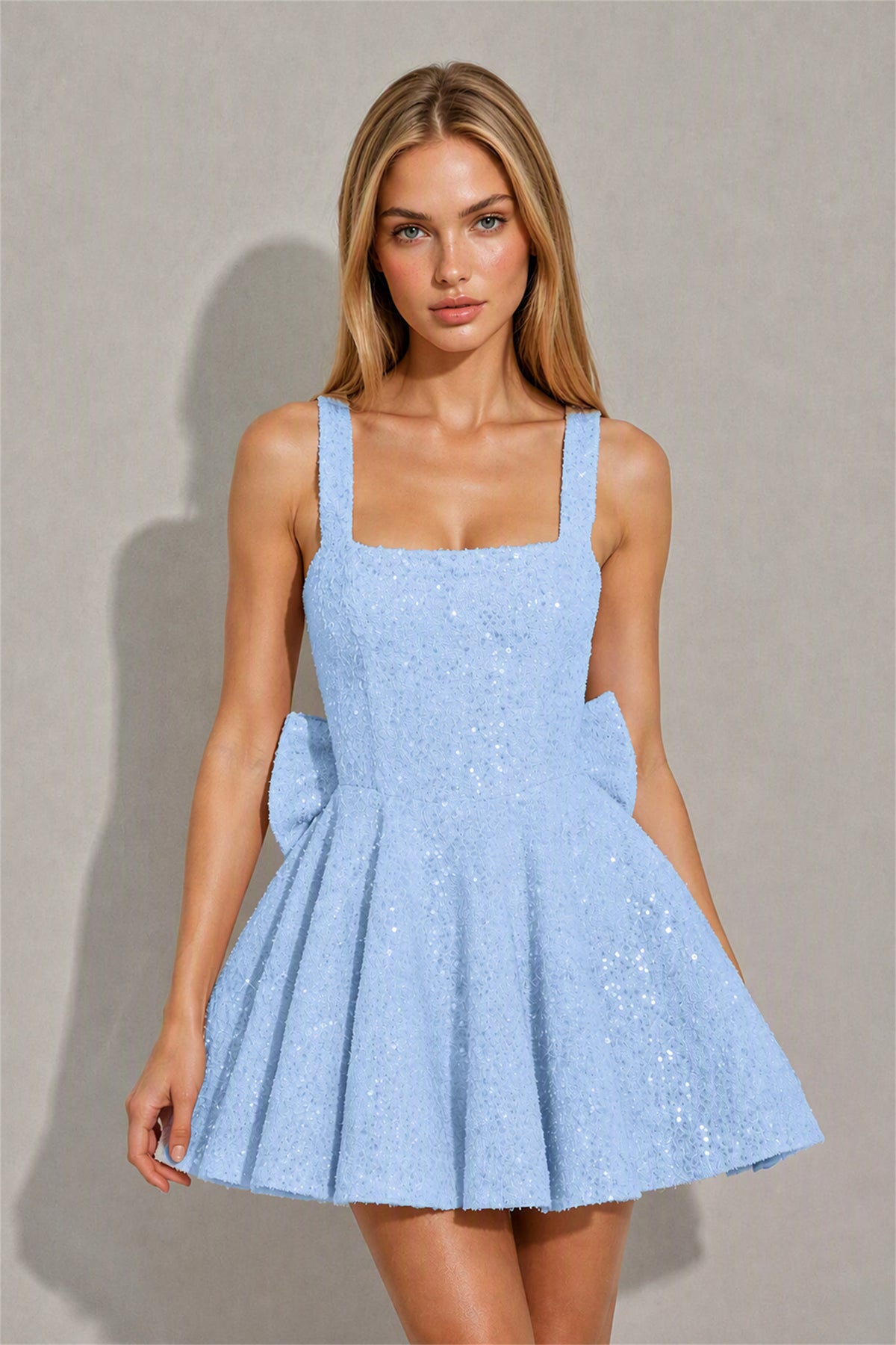BOLODOO Light Blue Sequin Square Neck Wide Strap Bow Waist Open Back Fit and Flare Mini Dress | Prom Birthday Party Dress - Light Blue