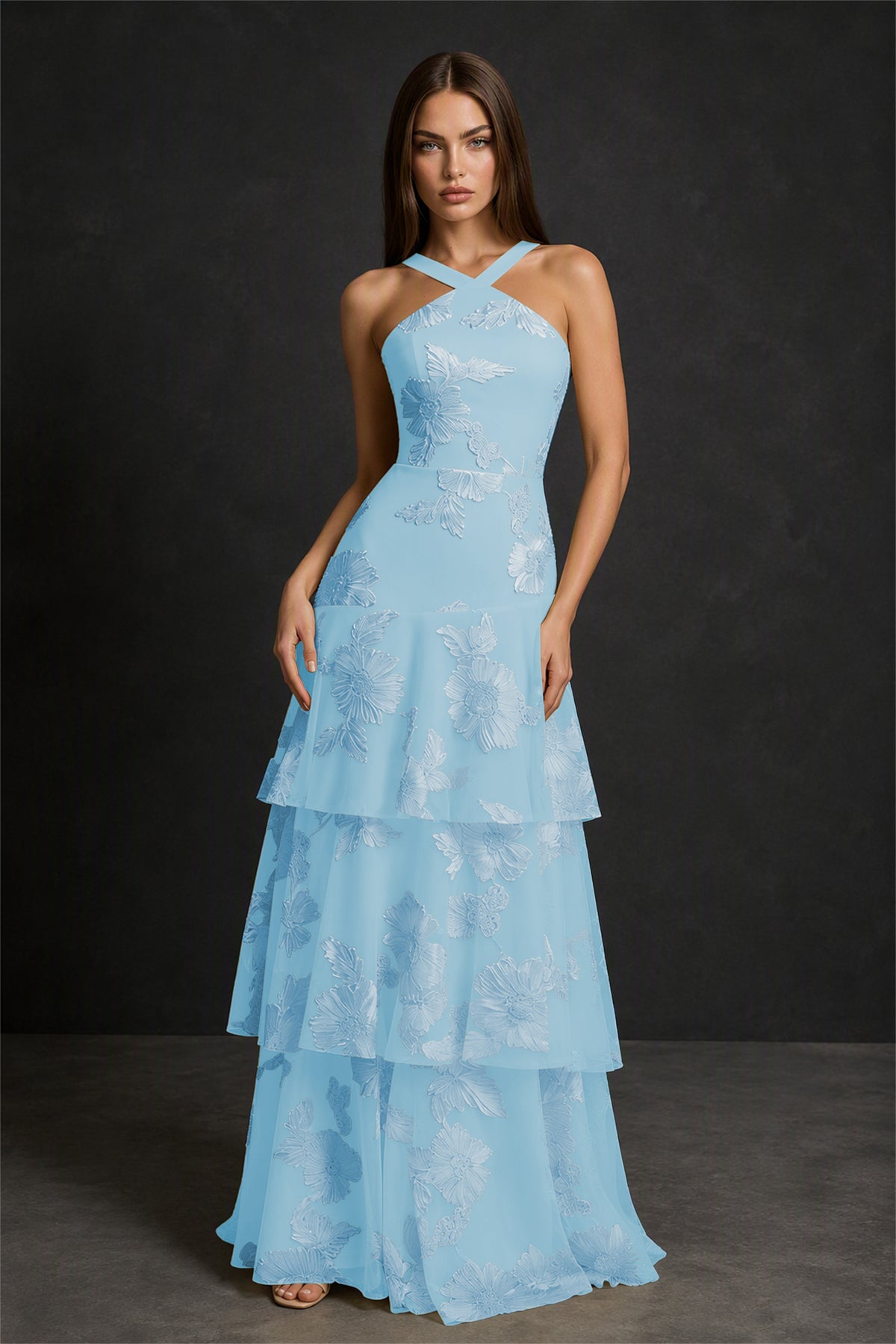 BOLODOO Light Blue Crisscross Halter Neck Light Blue Floral Embroidered Triple Tiered A-Line Tulle Maxi Dress - Light Blue