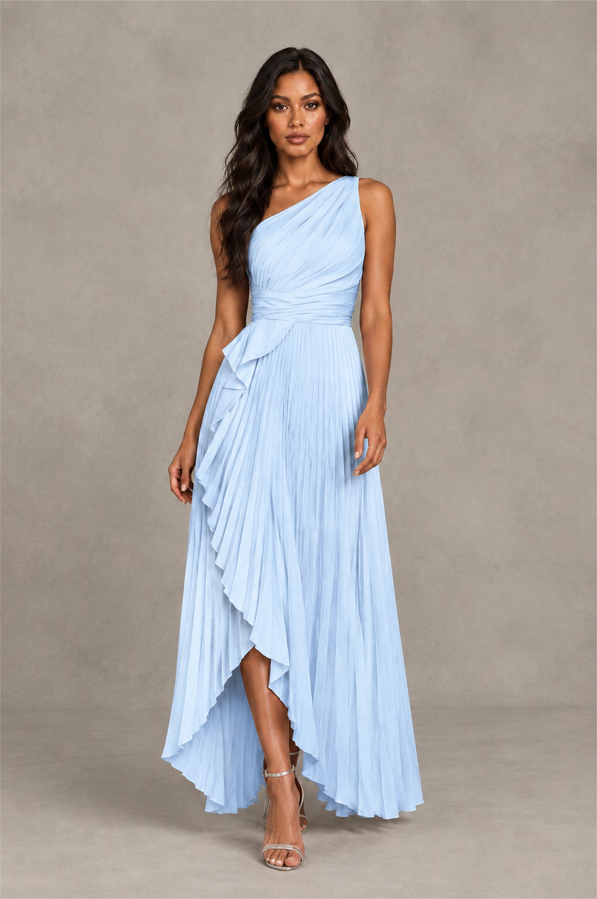 BOLODOO Light Blue One-Shoulder High-Low Ruffle Maxi Dress - Light Blue