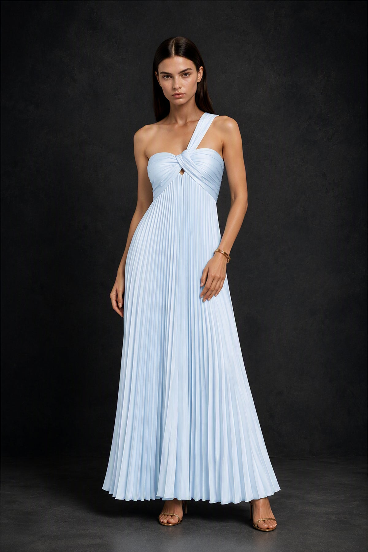 BOLODOO Light Blue One-Shoulder Twist Knot Pleated Satin Midi Dress with Cutout - Light Blue