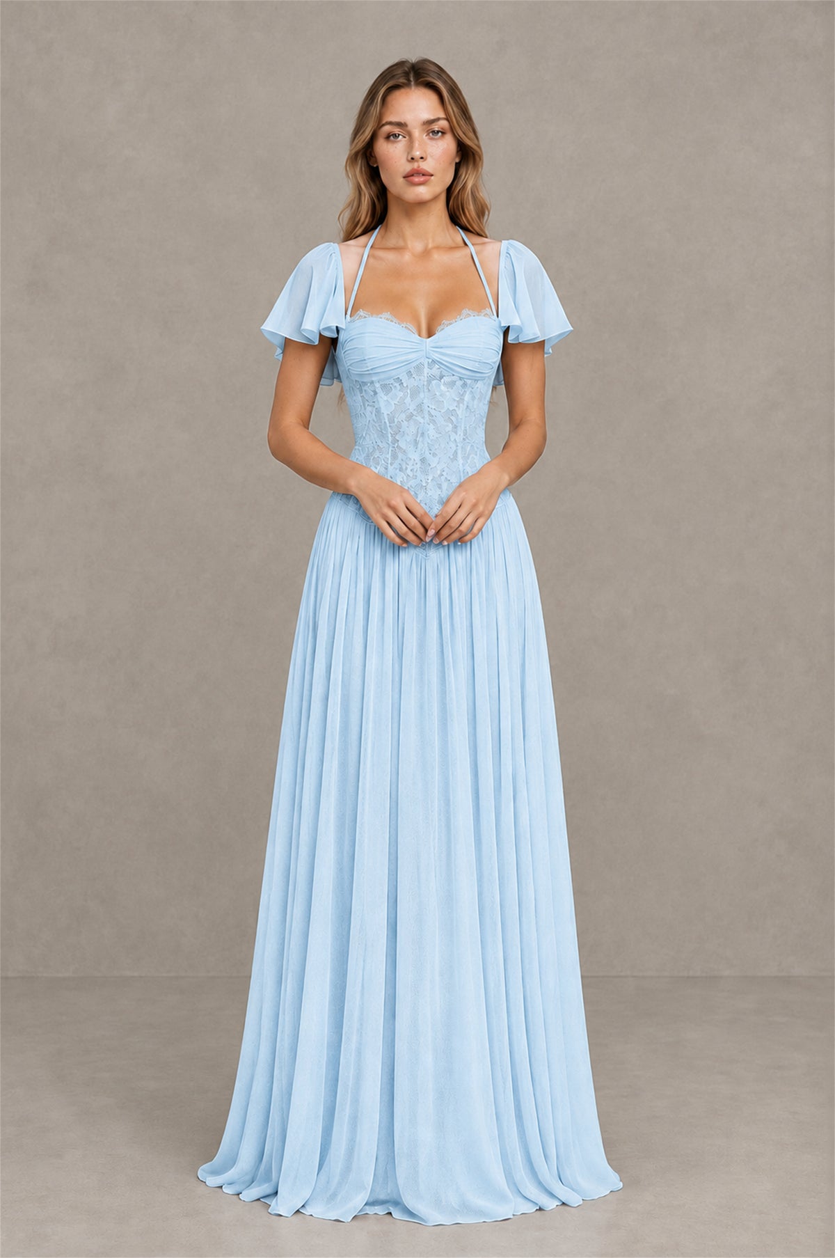 BOLODOO Light Blue Flutter Sleeve Lace Corset A-Line Maxi Dress - Light Blue - Light Blue (1)