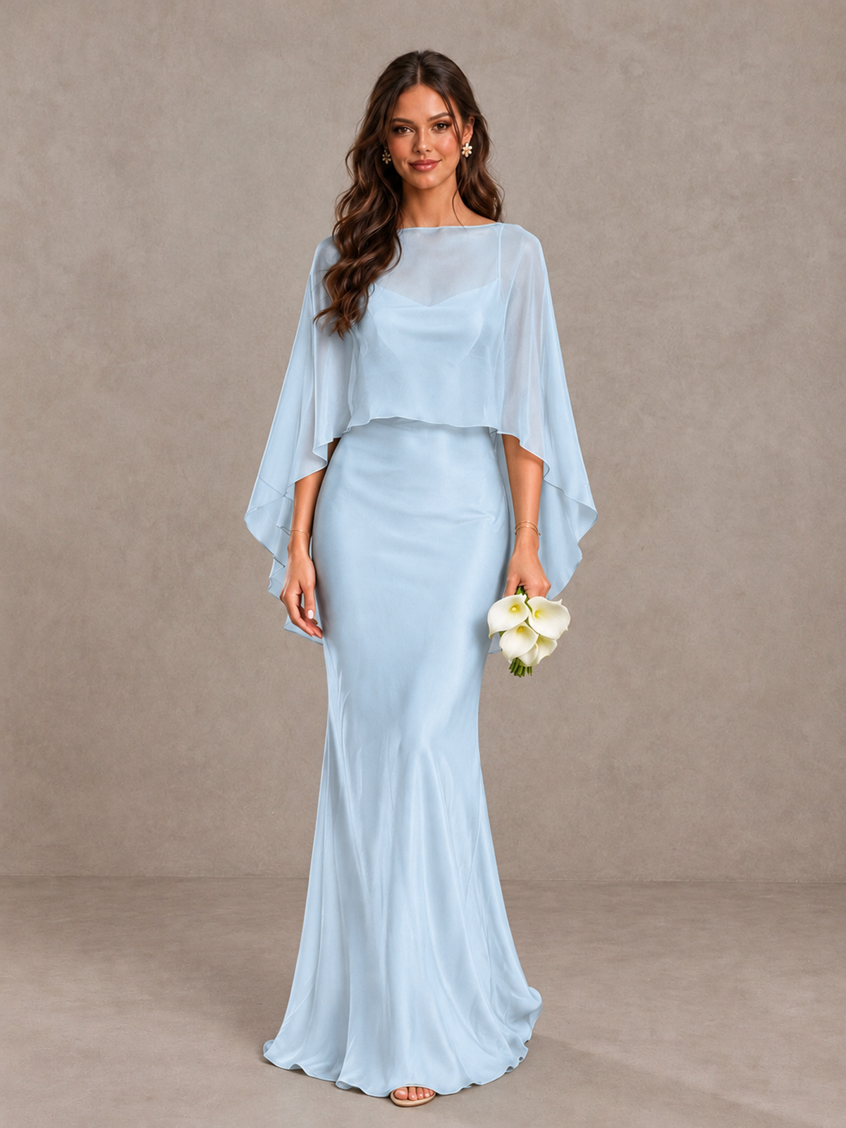BOLODOO Light Blue Satin Mermaid Bridesmaid Dress with Chiffon Cape - Light Blue - Light Blue (1)
