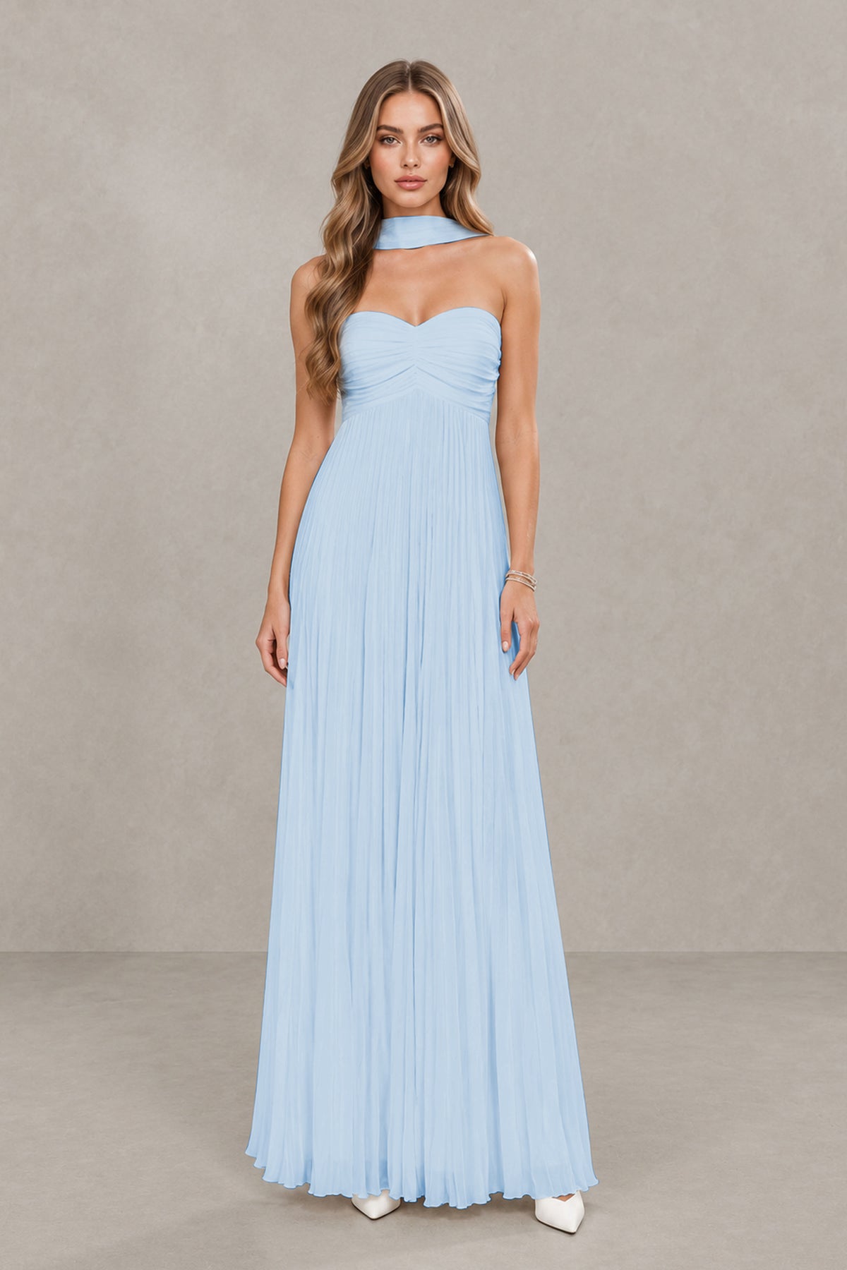 BOLODOO Light Blue Strapless Chiffon-Look Maxi Dress with Lace-Up Back & Cape - Light Blue