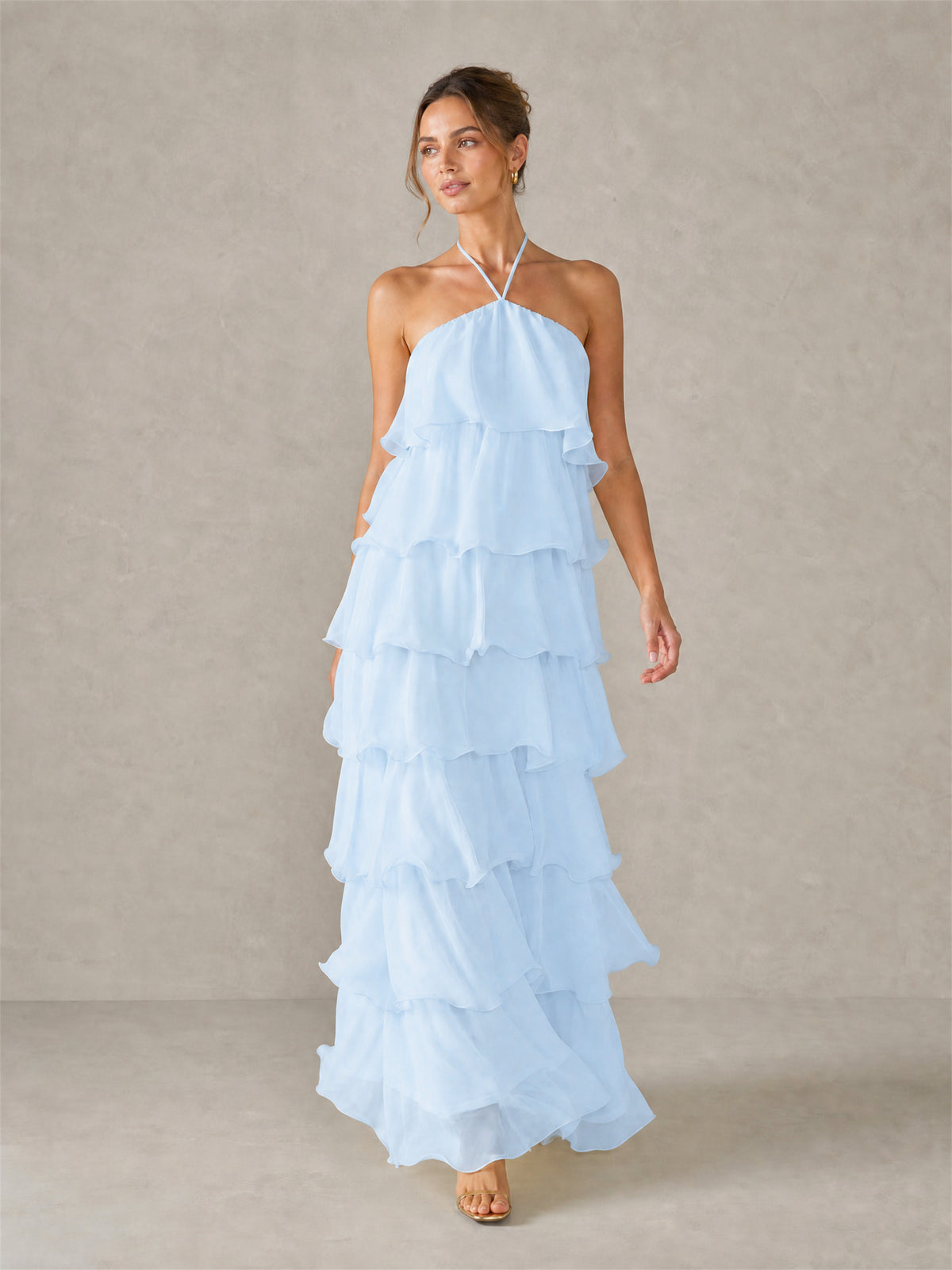 BOLODOO Light Blue Halter Tiered Ruffle Chiffon Maxi Dress - Light Blue