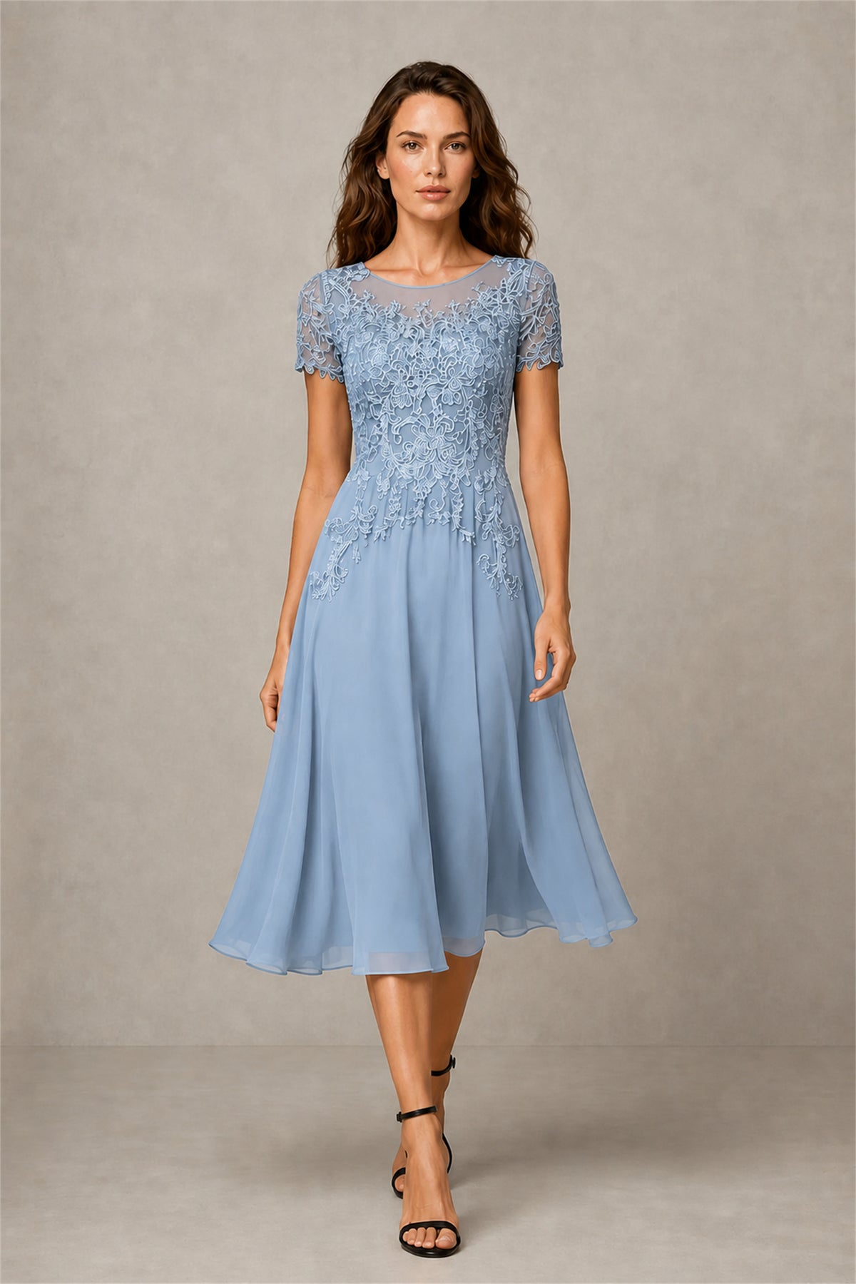 BOLODOO Steel Light Blue Beaded Lace Illusion Bodice Chiffon Tea-Length Dress | Mother of the Bride & Cocktail Party - Light Blue