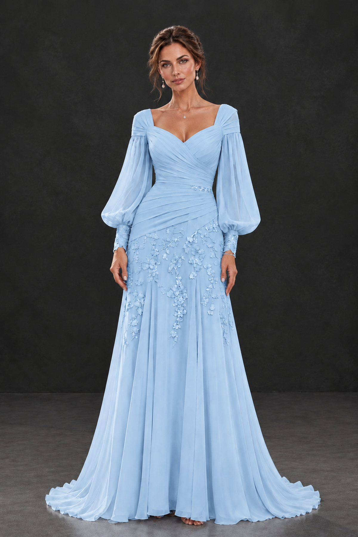 BOLODOO Light Blue Long Sleeve Mother of the Bride Dress with Floral Appliqués - Light Blue - Light Blue (1)