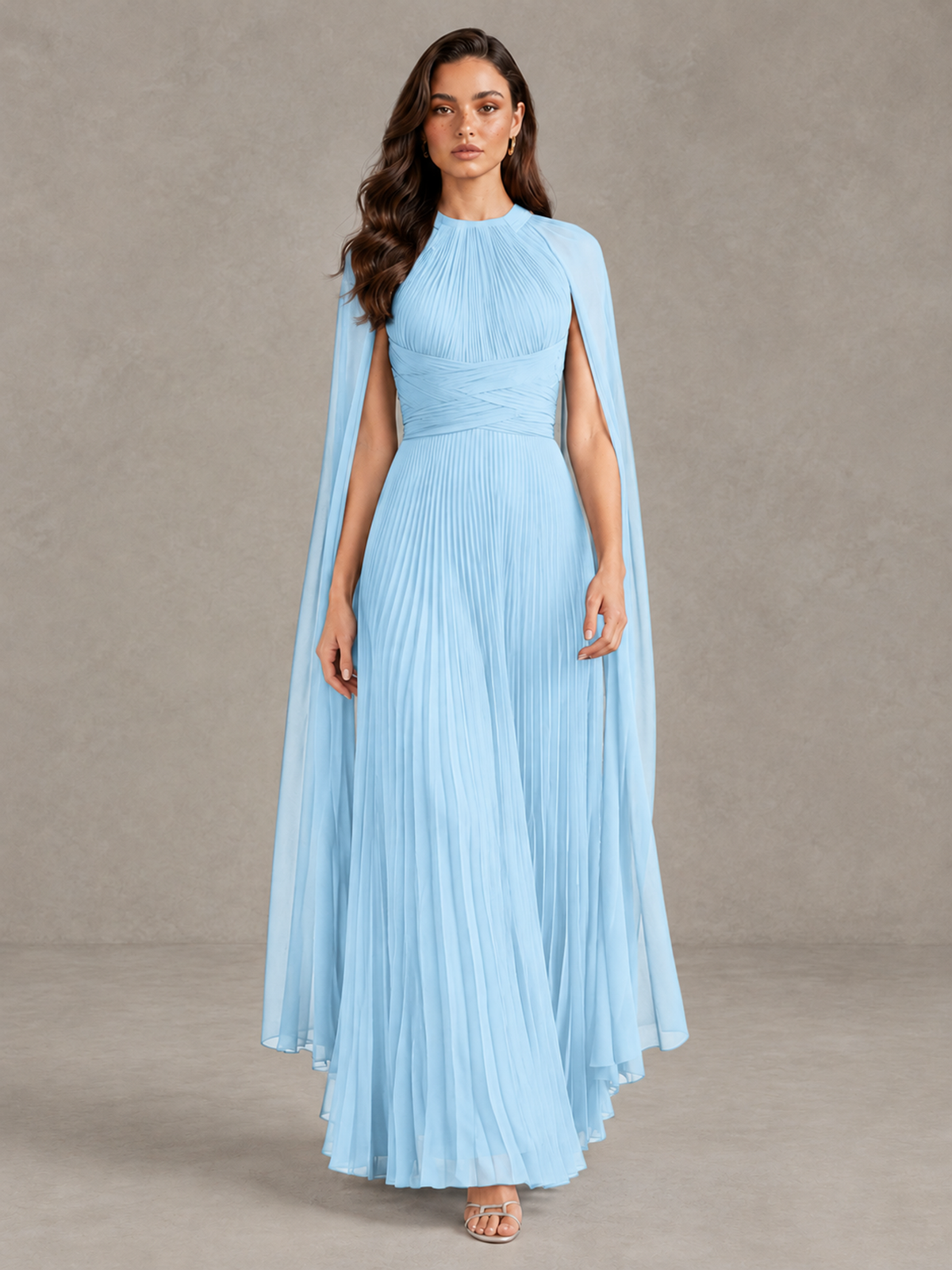 BOLODOO Light Blue Pleated Cape Maxi Wedding Guest Dress - Light Blue - Light Blue (1)
