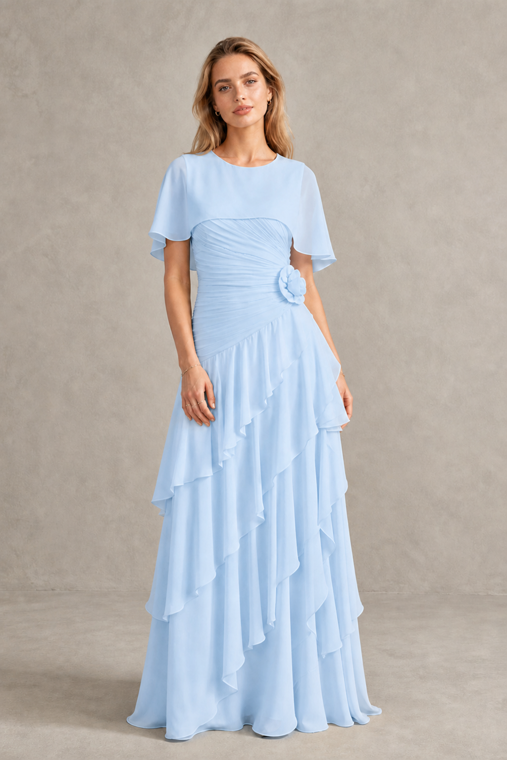 BOLODOO Light Blue Chiffon Flutter Sleeve Tiered Maxi Dress with 3D Rosette - Light Blue
