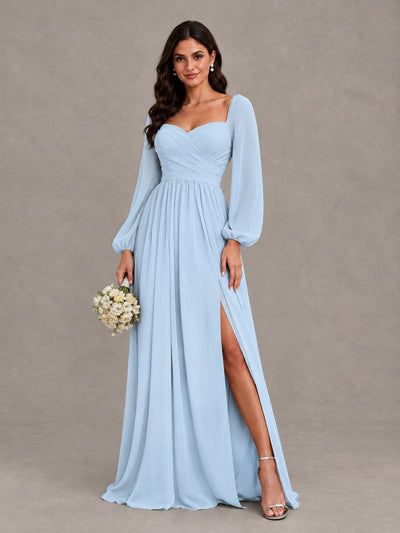BOLODOO Light Blue Long Sleeve Chiffon Bridesmaid Dress with Slit - Light Blue - Light Blue (1)