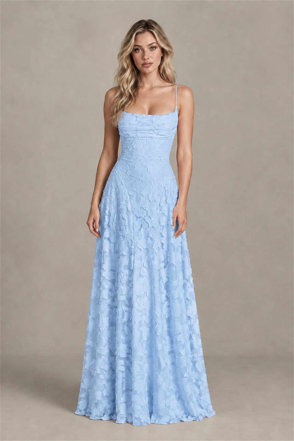 BOLODOO Light Blue Floral Appliqué Lace-Up Back Maxi Dress - Light Blue
