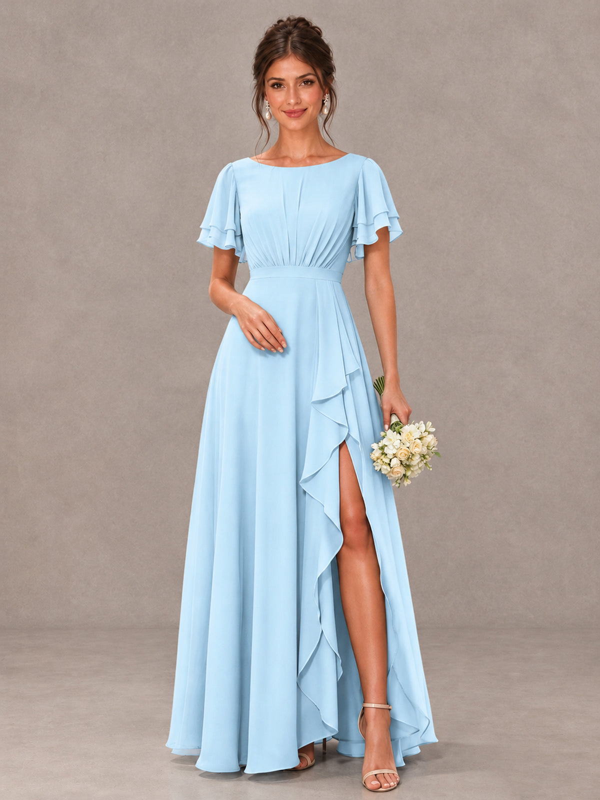 BOLODOO Light Blue Flutter Sleeve Ruffle Bridesmaid Dress with Slit - Light Blue - Light Blue (1)