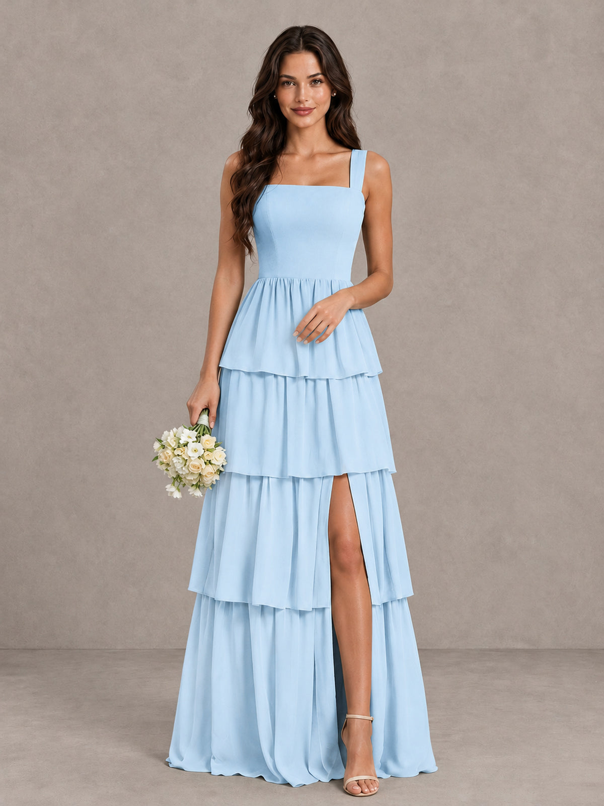 BOLODOO Light Blue Square Neck Tiered Bridesmaid Dress with Slit - Light Blue - Light Blue (1)