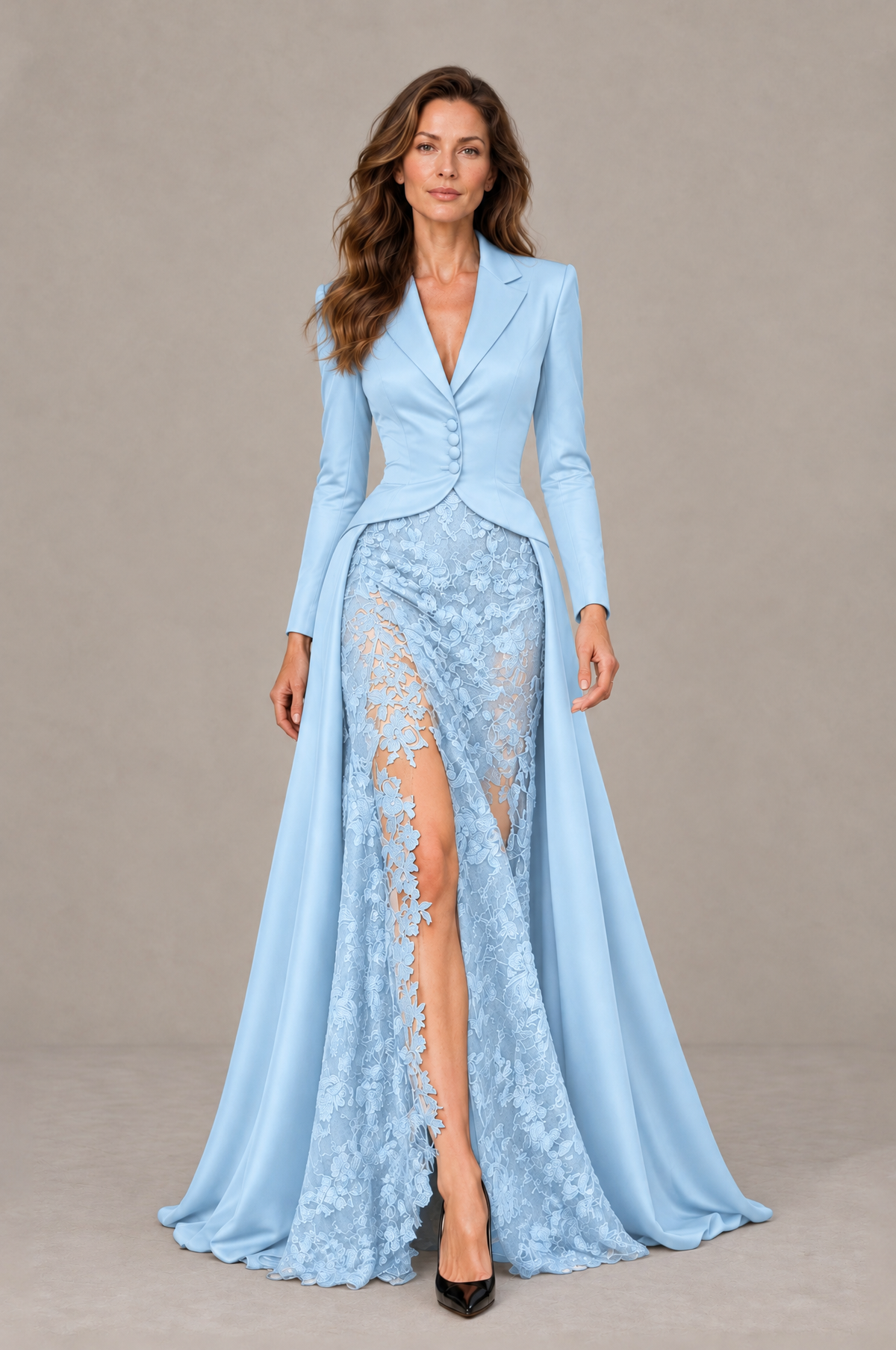 BOLODOO Light Blue Long Sleeve Lace Blazer Gown with High Slit - Light Blue - Light Blue (1)